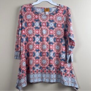 Ruby Rd. Pink Peach Blue Studs Geometric Tunic 3/4 sleeve women’s small